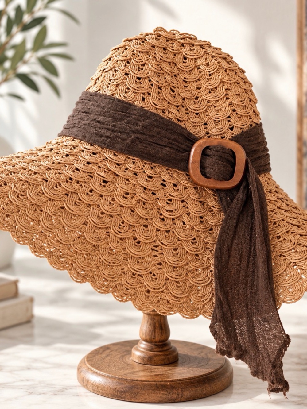 Tan Crochet Wide-Brim Sun Hat with Brown Scarf and Buckle